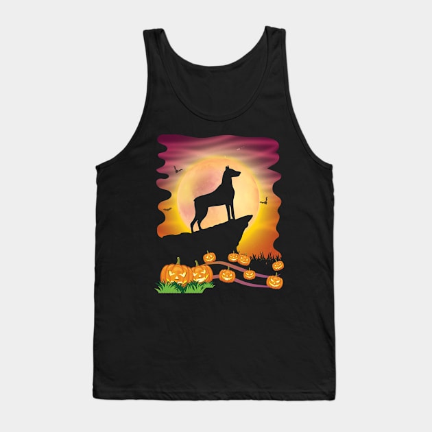 Dobermann Dog On Mountain & Moon Pumpkins Bat Halloween Day Tank Top by Cowan79